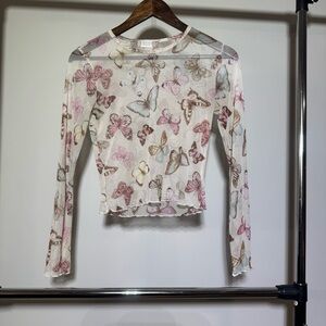 Altar'd State Sheer Butterfly Long Sleeve Top - Pink and Brown